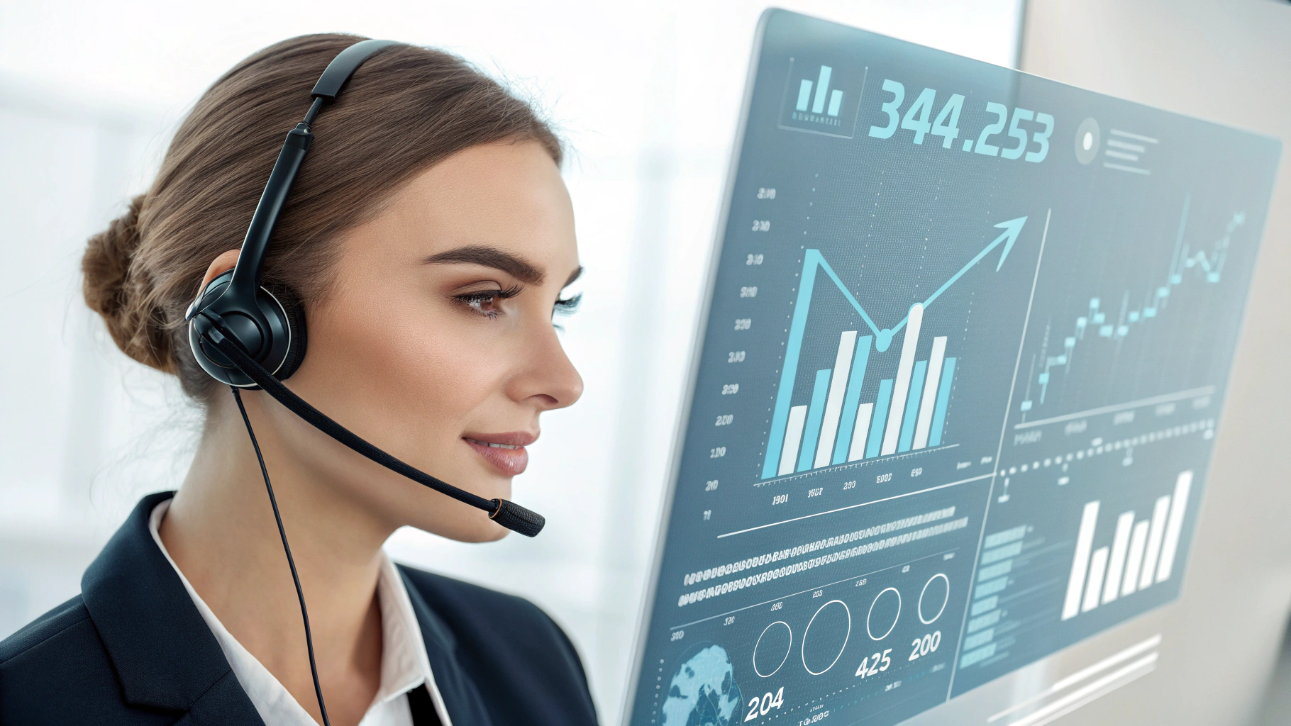 Close-up hiperrealista de um profissional de Sales Engagement B2B focado, com headset, interagindo com um painel digital que exibe métricas de vendas e ícones de e-mail, telefone e LinkedIn, sobre um fundo abstrato de rede de conexões. Cores vibrantes transmitem crescimento e tecnologia, simbolizando controle estratégico e modernidade na prospecção