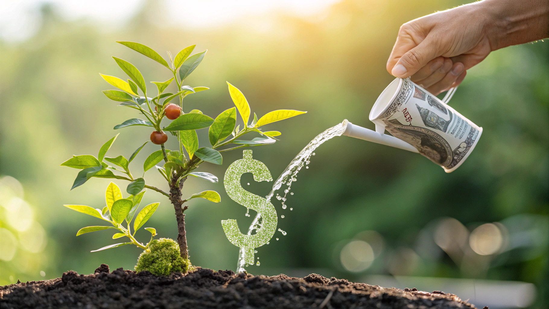 Vendedor farmer regando planta com cifrões, simbolizando o cultivo de clientes e o crescimento do LTV. Fundo com gráfico de crescimento de receita.