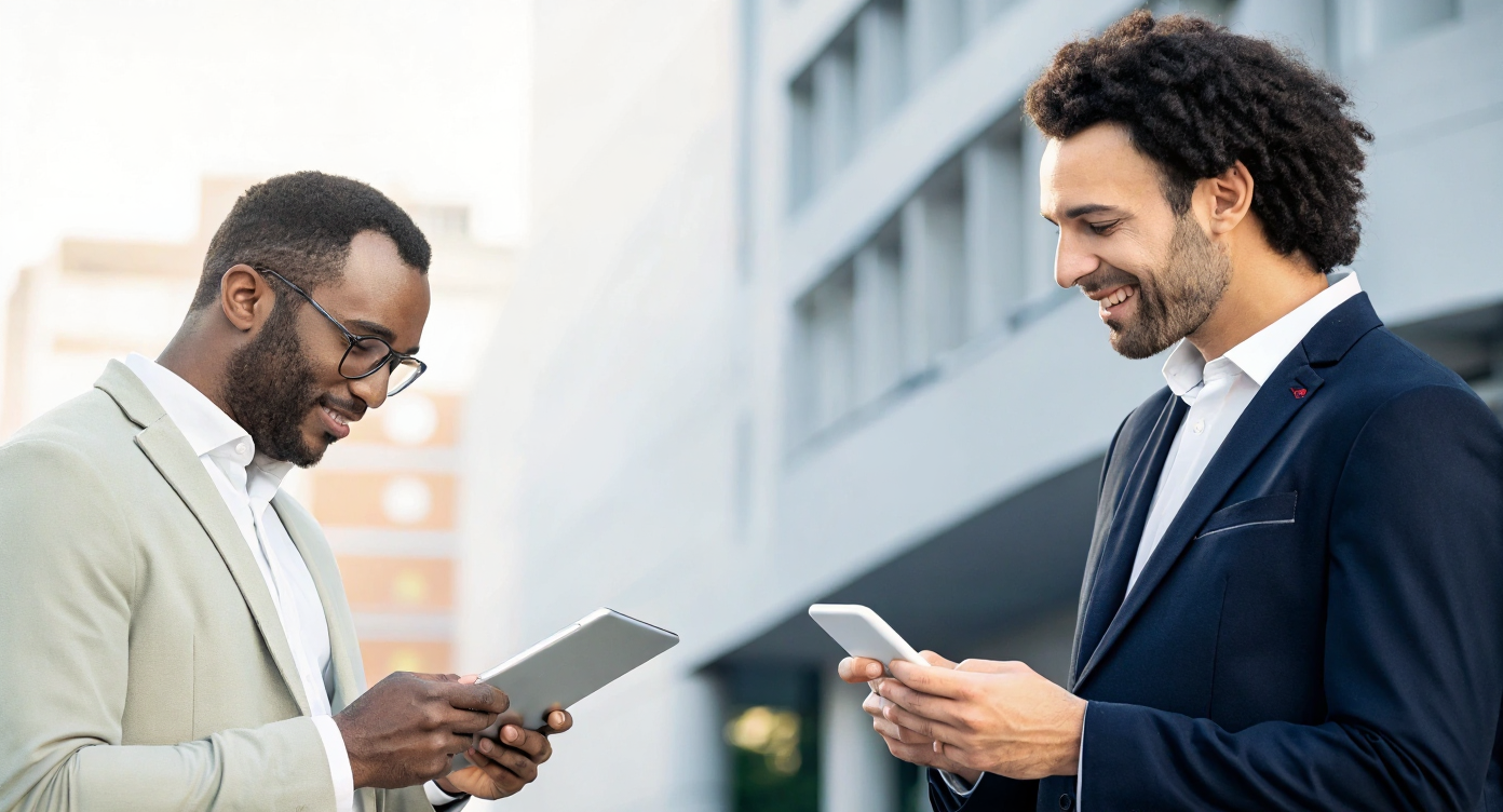 Imagem comparativa dividida: à esquerda, um profissional de vendas em negociação presencial em ambiente executivo clássico; à direita, outro profissional engajado em comunicação digital via tablet em um espaço de co-working moderno. Ambas as cenas incluem elementos de gráficos financeiros ascendentes, simbolizando a integração da venda tradicional e o Foco Social Selling para impulsionar vendas high ticket.