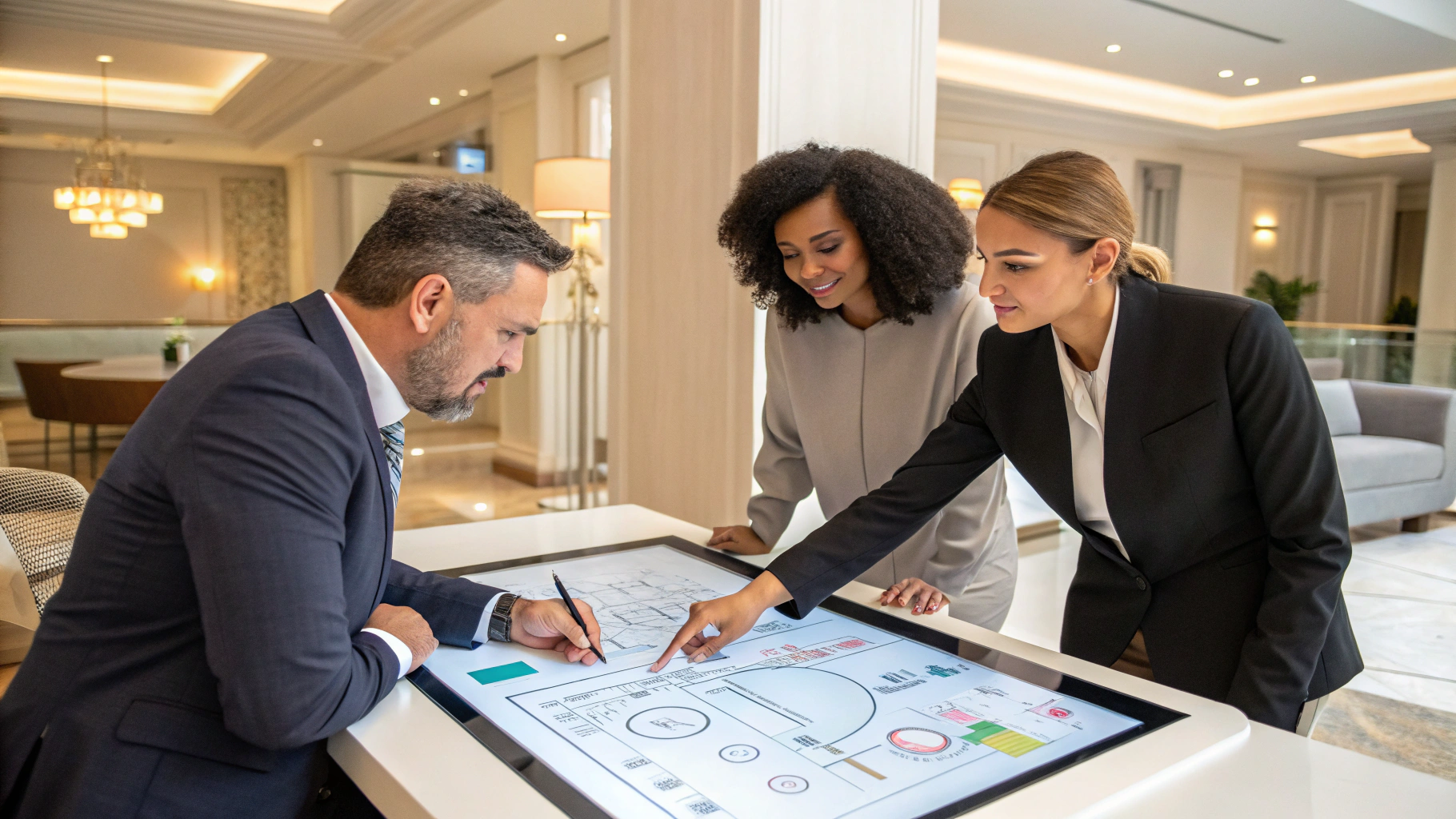 Imagem fotorealista de uma equipe de negócios colaborando em uma tela interativa, analisando dados para definir seu ICP B2B e otimizar estratégias de vendas.
