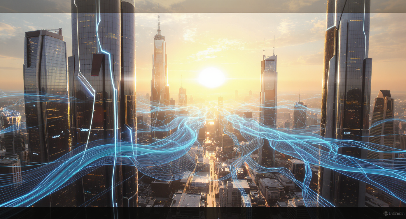 Paisagem urbana futurista ao amanhecer, com arranha-céus modernos e linhas de luz azul que simbolizam redes de inteligência artificial. A imagem reflete a automação tributária, a eficiência fiscal com IA e o potencial para negócios bilionários impulsionados pela tecnologia.