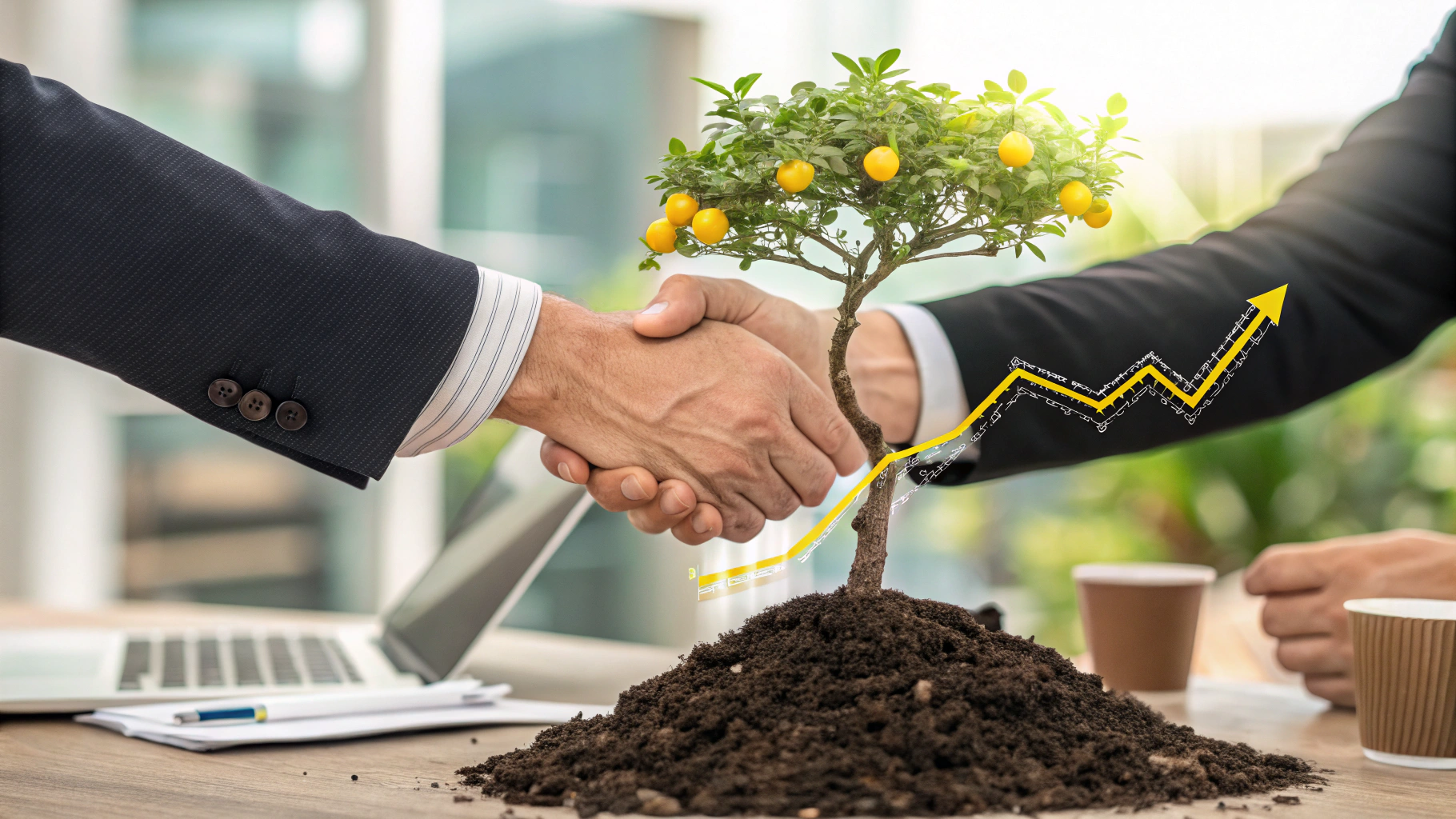 Mãos de profissionais e clientes unidas cultivando uma árvore exuberante que representa o sucesso do Farming de Clientes, com um gráfico de crescimento de receita ao fundo.