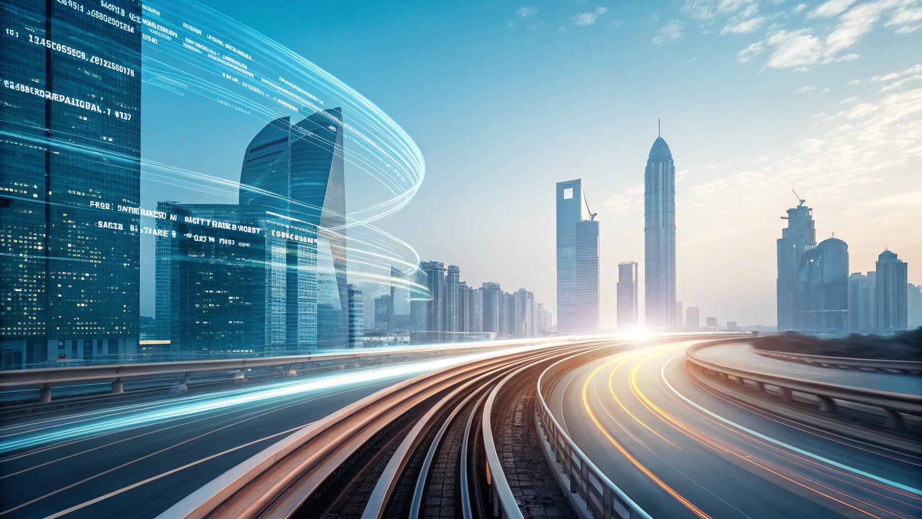 Representação fotorealista da agilidade empresarial com vias de dados interconectadas e elementos arquitetônicos modernos em velocidade, simbolizando progresso e inovação em negócios.