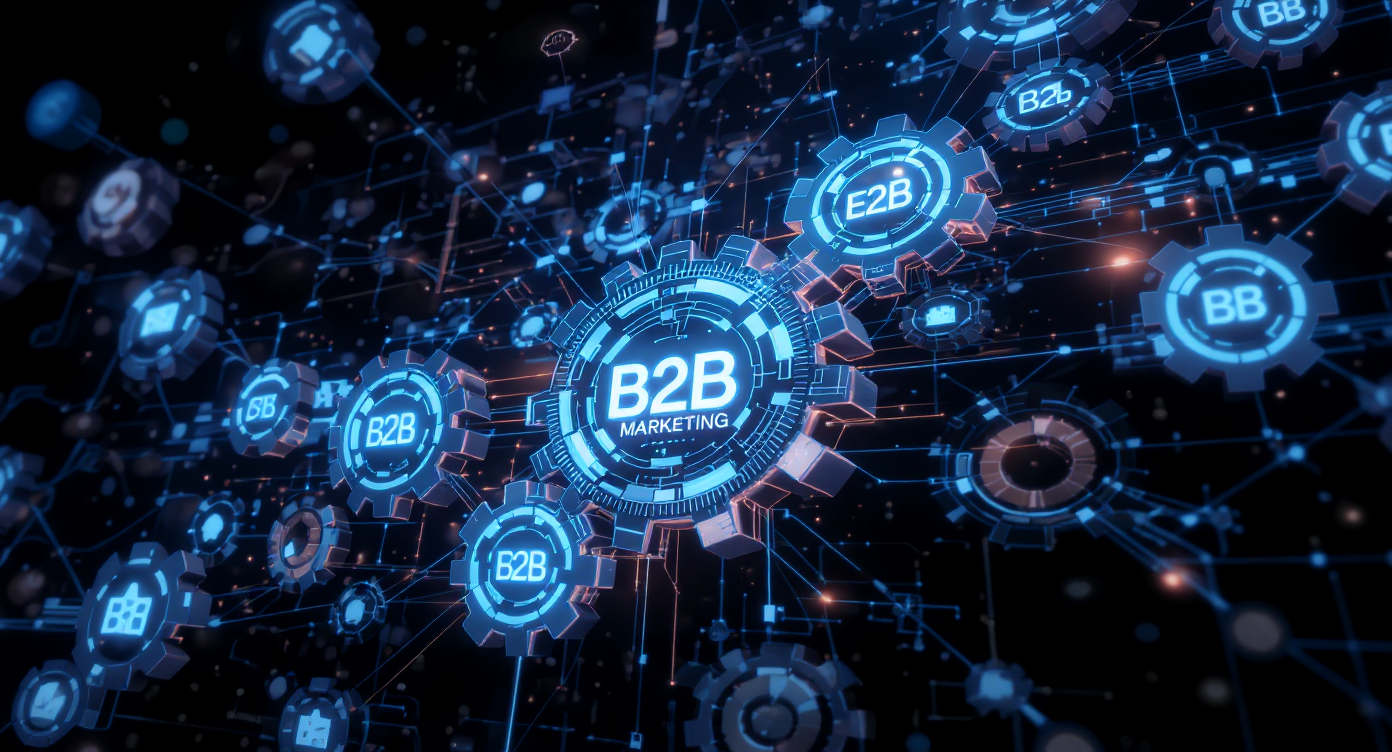 Engrenagens digitais futuristas interconectadas em tons de azul, cinza e laranja, simbolizando a integração estratégica e o profissionalismo no marketing B2B.