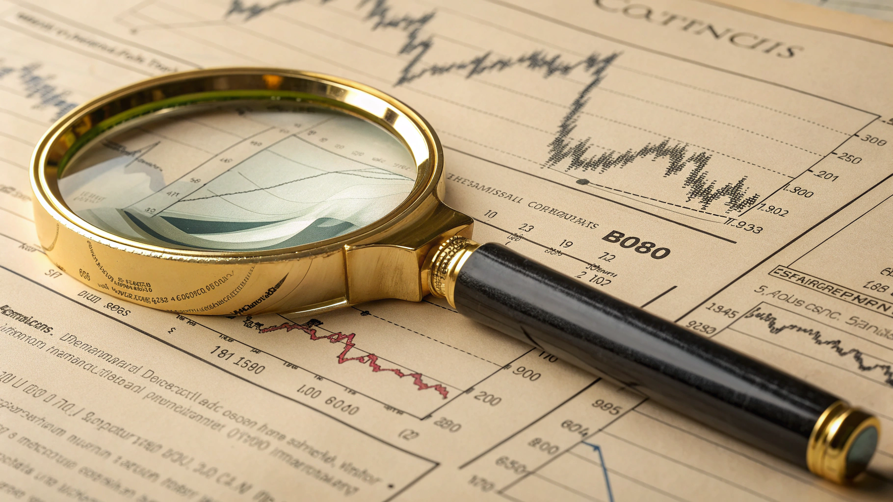 Lupa dourada em close-up destacando dado essencial em gráfico financeiro, simbolizando a busca por insights para a Otimização do CAC Enterprise em ambiente corporativo.