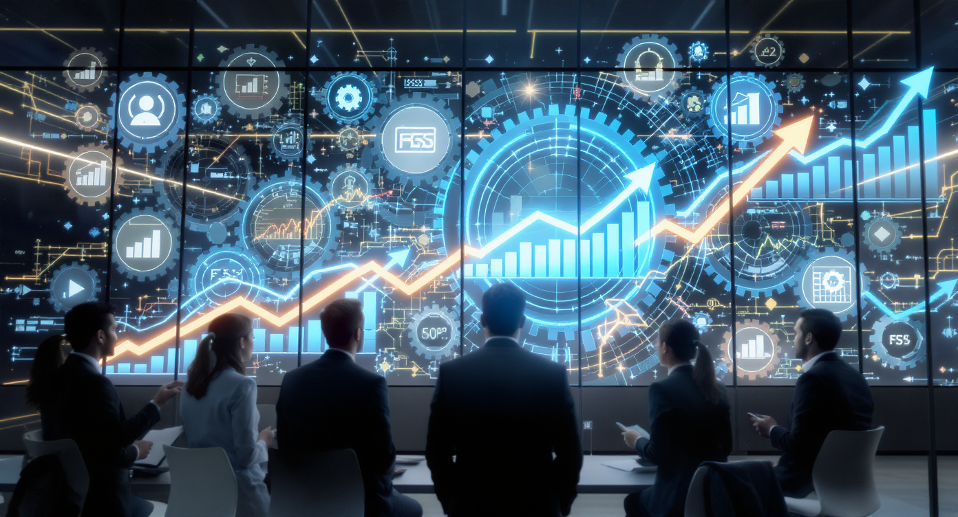 Ilustração de engrenagens e gráficos em ascensão, representando a previsibilidade comercial de alta performance da Full Sales System.