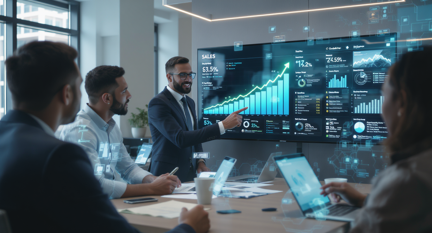 Equipe de vendas moderna e colaborativa analisando dashboard de métricas para vendas previsíveis com tecnologia avançada.