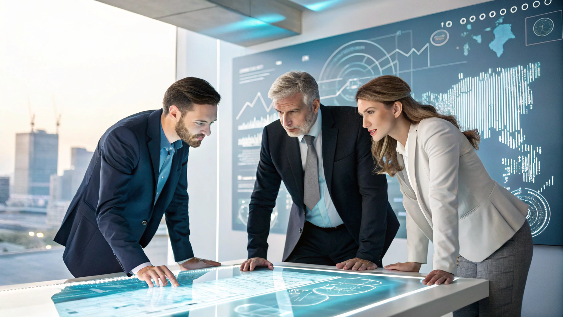 Executivos utilizando tecnologias avançadas para analisar e implementar metodologias de vendas B2B high ticket, focando em estratégia e escala de negócios.