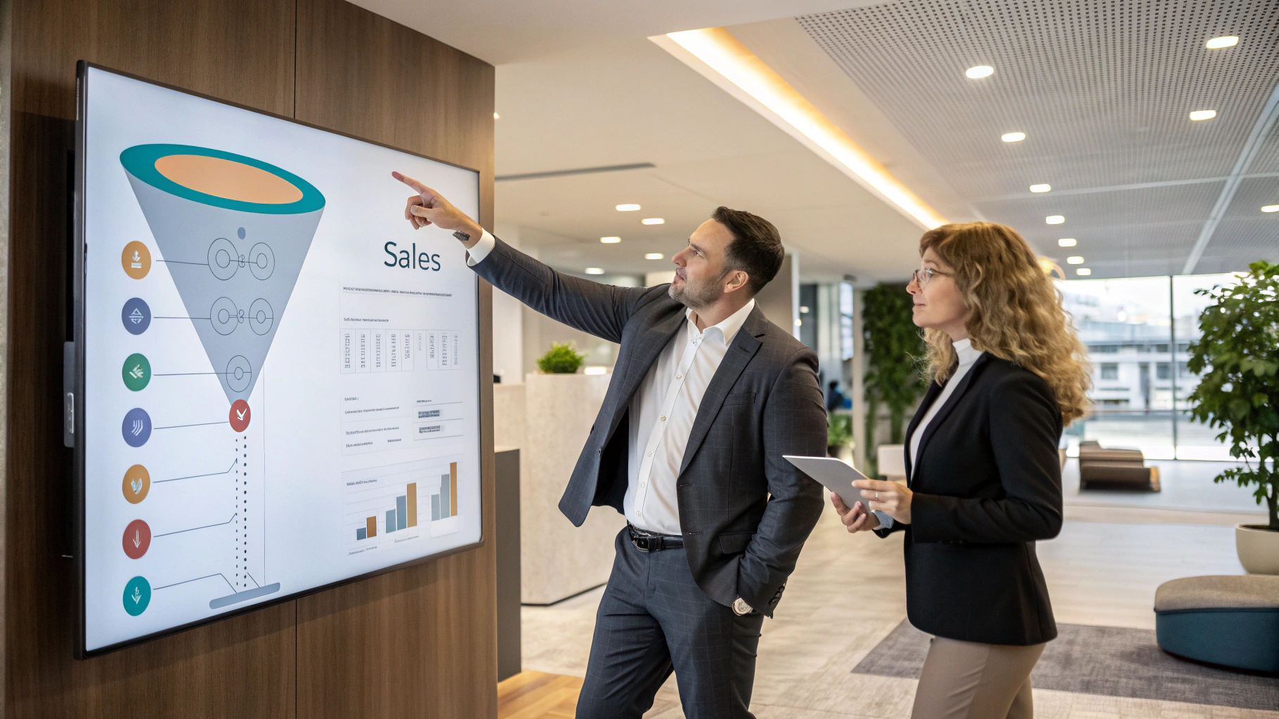 Profissionais de marketing e vendas colaborando em estratégia Account-Based, com foco em dados de engajamento e funil de vendas, simbolizando o alinhamento ABM e ABS para acelerar vendas high ticket.