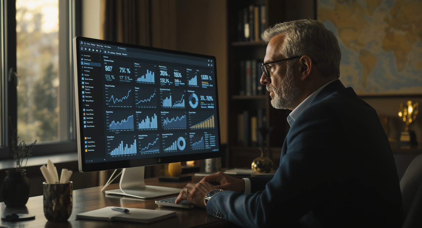 Empresário de sucesso analisando dados e gráficos de SEO em um monitor, ilustrando a otimização estratégica de conteúdo para atrair clientes de alto valor em vendas high ticket