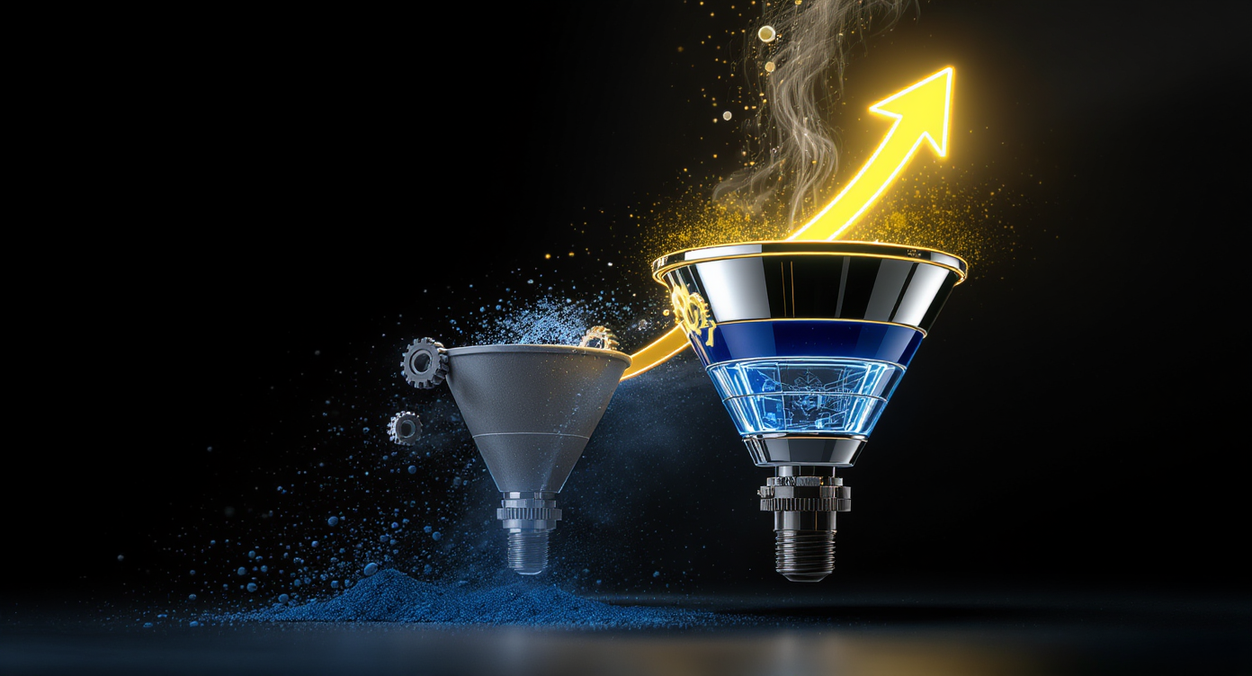 : Imagem hiperrealista: Comparativo conceitual entre o Funil de Vendas B2B Tradicional (largo, opaco) e o Funil de Vendas B2B High Ticket (estreito, brilhante e elegante), com engrenagens conectando-os e uma seta dourada ascendente, simbolizando otimização, evolução e sucesso comercial.
