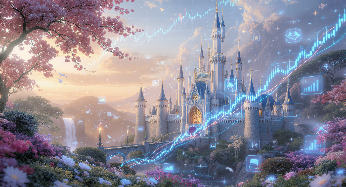 Castelo majestoso e gráficos de vendas high ticket em cenário hiperrealista, simbolizando a persistência visionária de Walt Disney e o sucesso comercial acelerado.