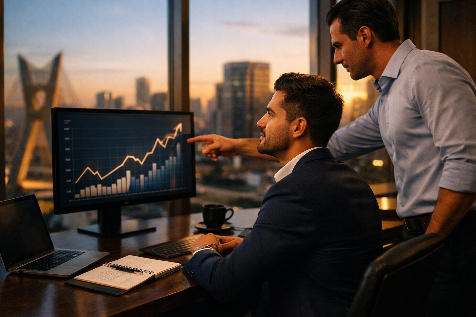 Empresário analisando resultados de funil de vendas estruturado em escritório moderno com vista para a cidade