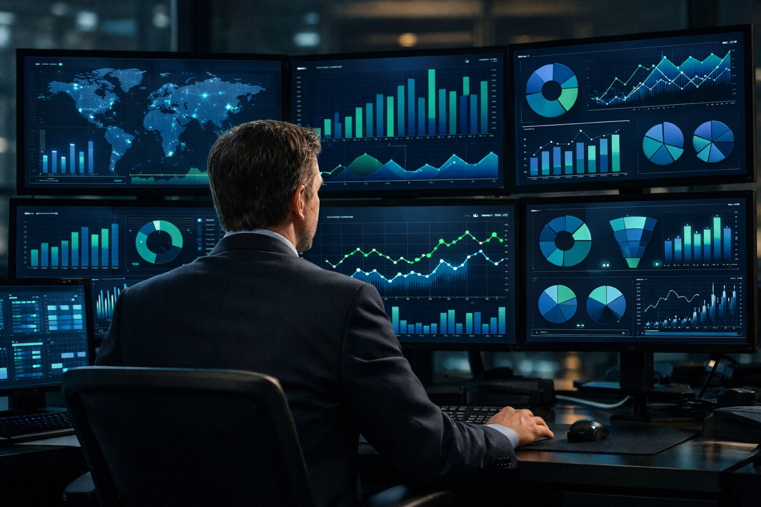 Gestor comercial analisando dashboard com indicadores de vendas B2B em múltiplos monitores