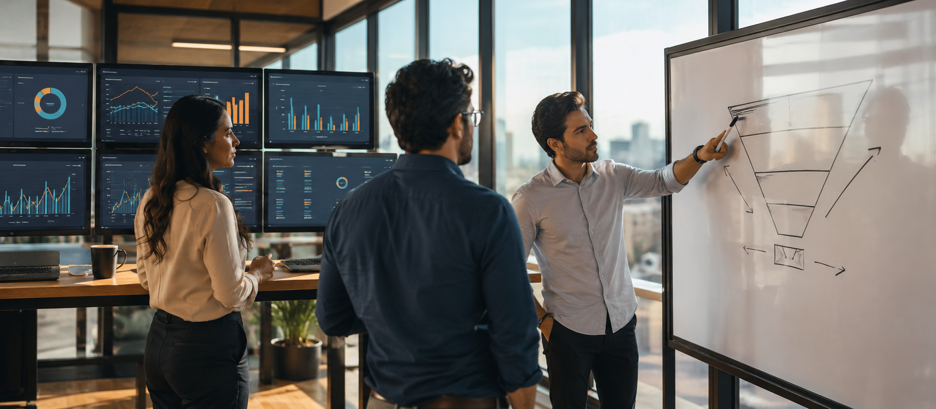 Equipe comercial reunida analisando dashboards de processo comercial estruturado em empresa de vendas consultivas.
