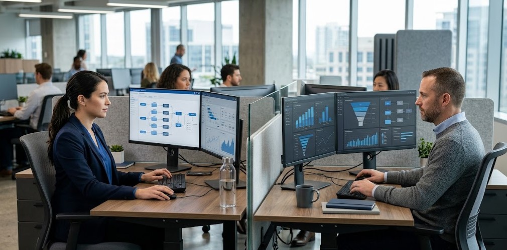 Dois profissionais de pré-vendas em estações de trabalho com pipeline B2B na tela, representando a especialização entre BDR e SDR