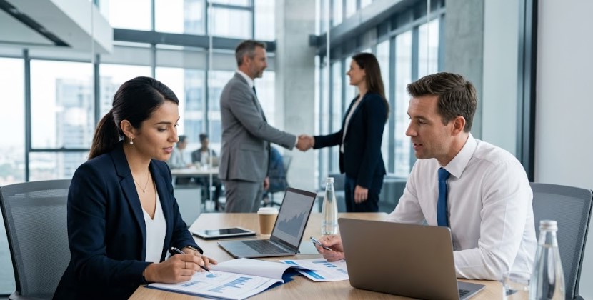 Duas pessoas em reunião corporativa analisando contrato de vendas B2B sobre mesa de escritório