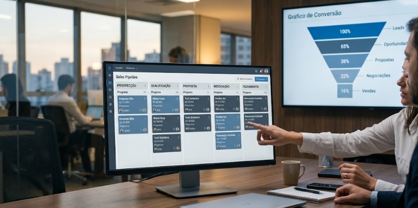 Funil de processo comercial representado em quadro Kanban com etapas de vendas e gráfico de conversão ao fundo