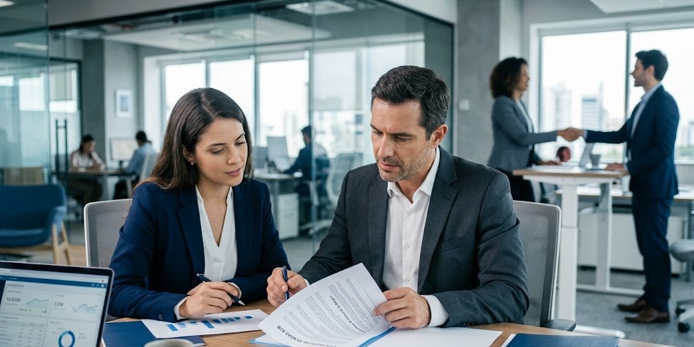 Profissionais em reunião corporativa analisando contrato de vendas B2B sobre mesa de escritório