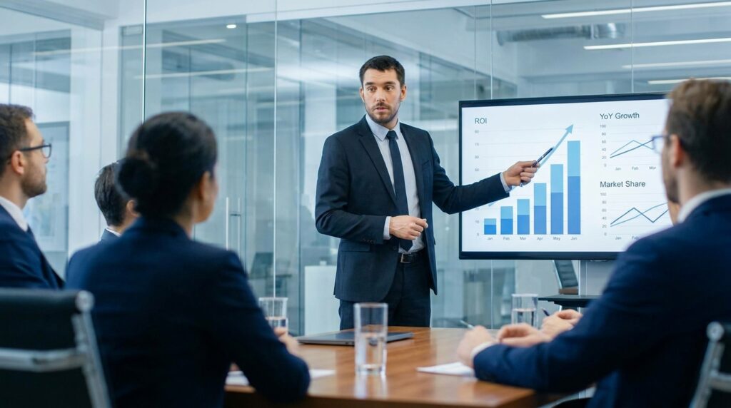 CEO analyzing growth charts meeting 202607272013