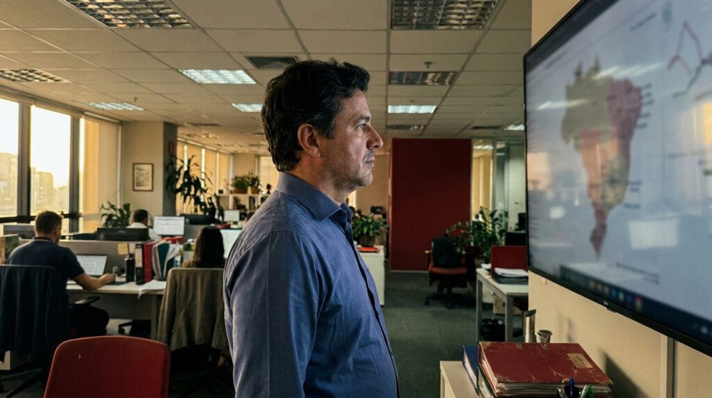 Territory Planning B2B: Divida Carteira e Proteja a Receita 1 Diretor comercial analisando divisão de território de vendas em tela de escritório corporativo 2